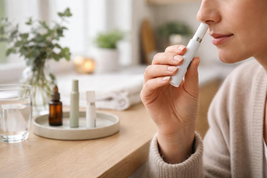 Person holding a smokeless inhaler for gentle nasal use