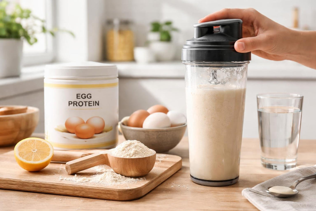 Smooth egg protein powder shake being mixed in shaker