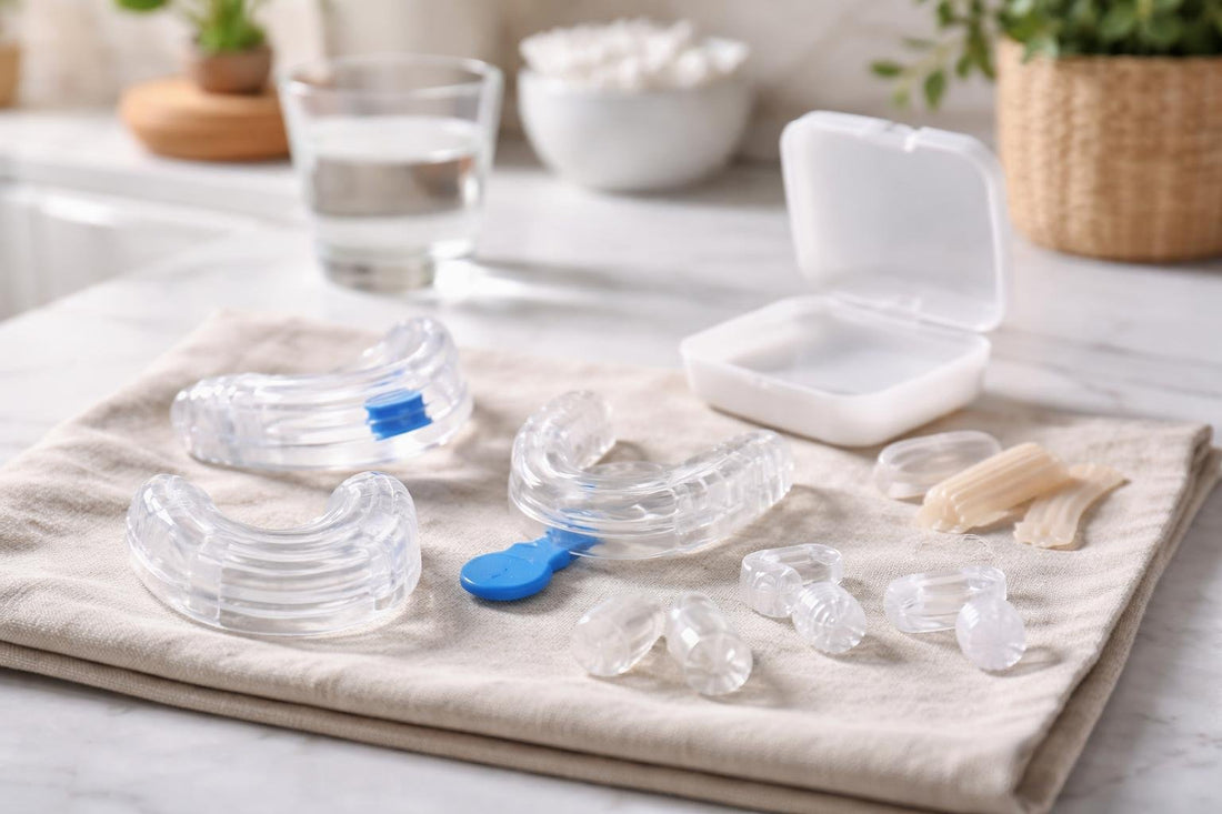 Assorted snore reducing aids and nasal dilators on cloth