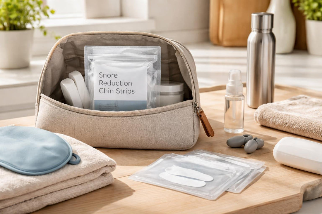 Snore reduction chin strips packed in travel kit