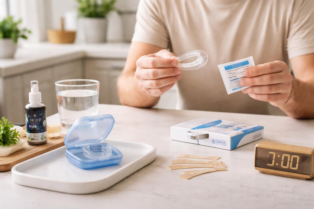 man comparing mouthguard and nasal strips for snoring