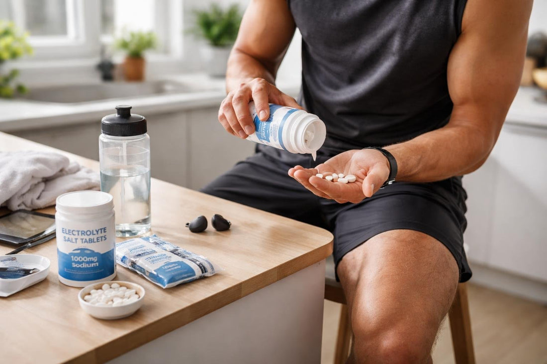 athlete holding sodium supplement tablets during training