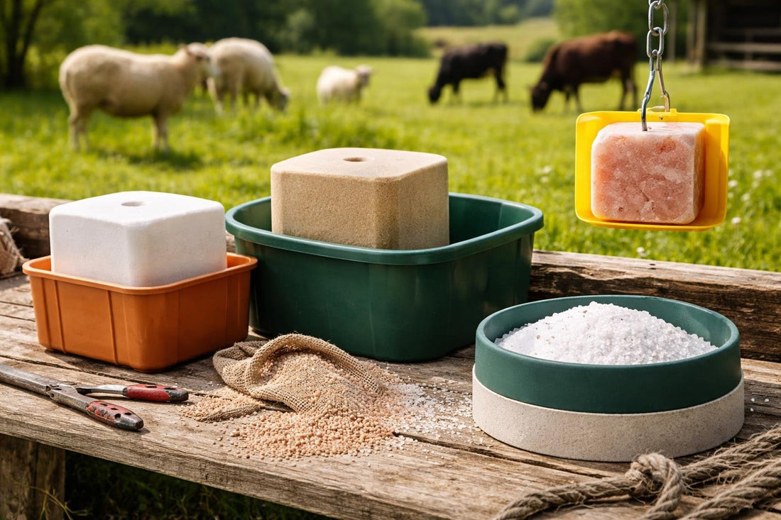 Sodium mineral supplement blocks and feeders on farm
