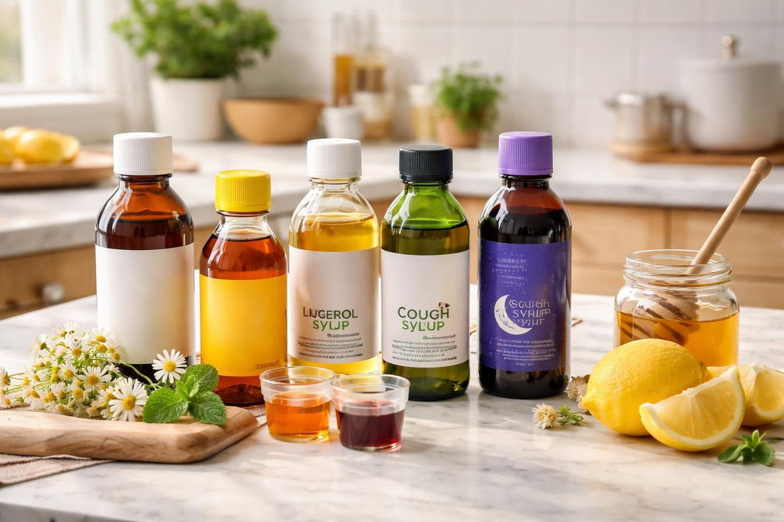 Selection of soothing cough syrups for day and night