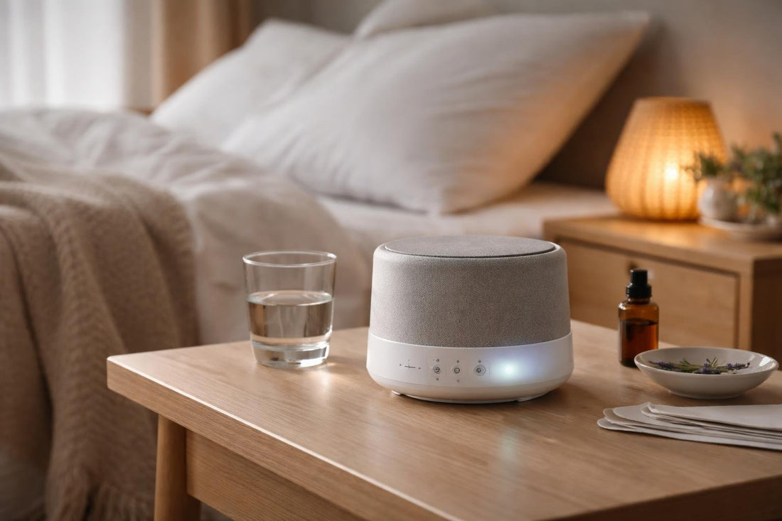 Sound therapy device on bedside table for calmer sleep
