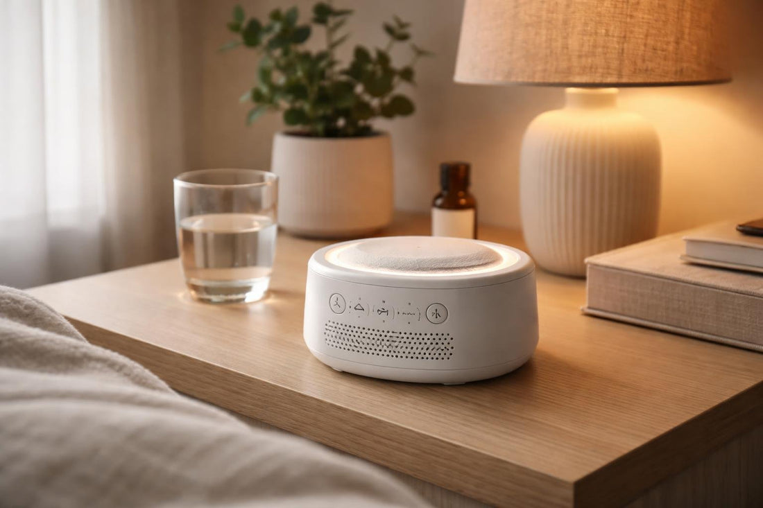 Sound therapy device on bedside table for sleep