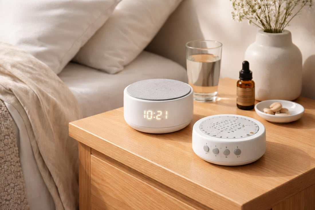 compact sound therapy devices on bedside table