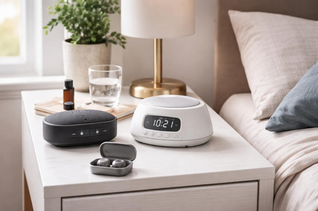 Sound therapy devices on a UK bedside table