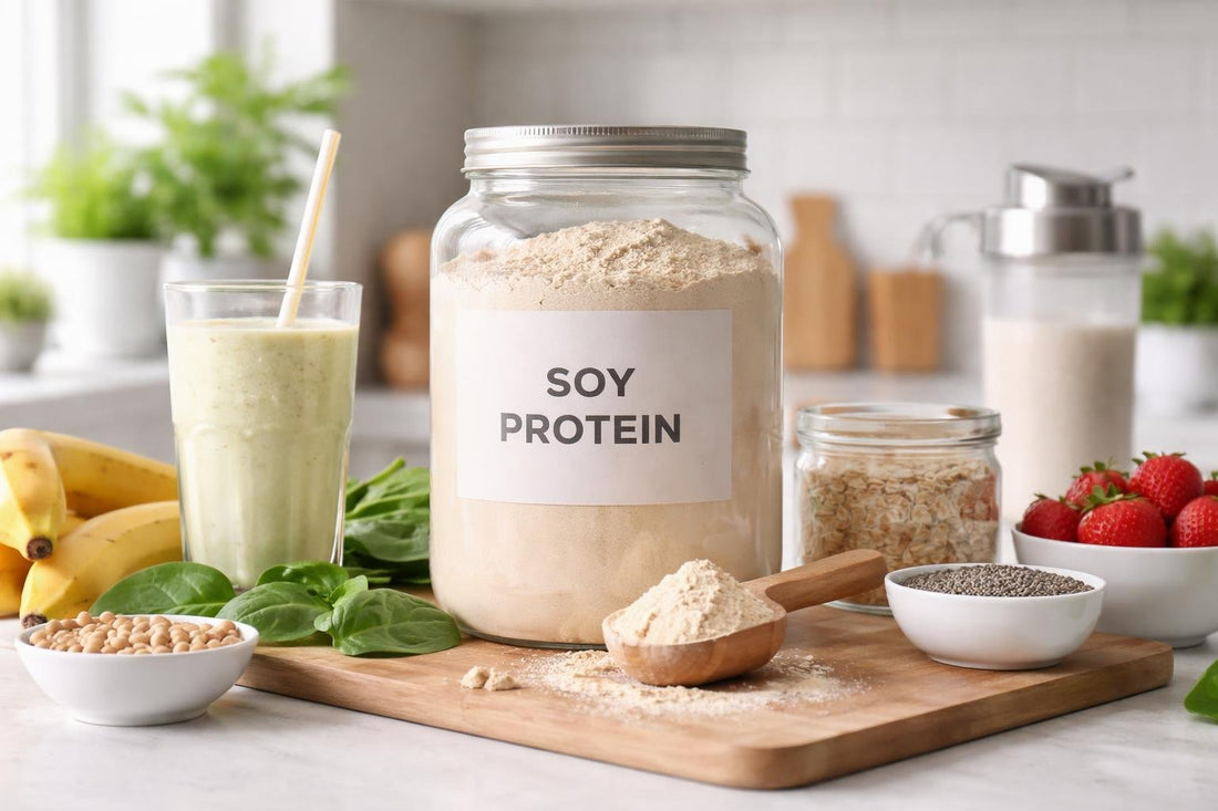 Jar of soy protein powder with smoothie ingredients