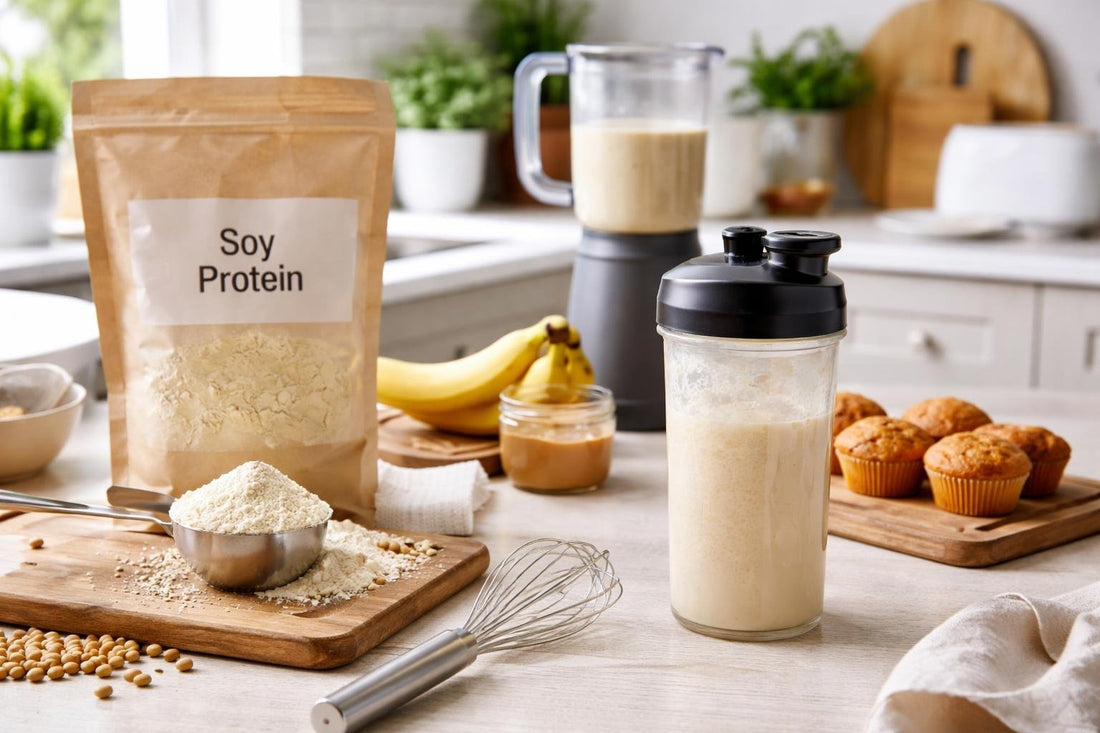 Soy protein powder mixing into a smooth shaker shake