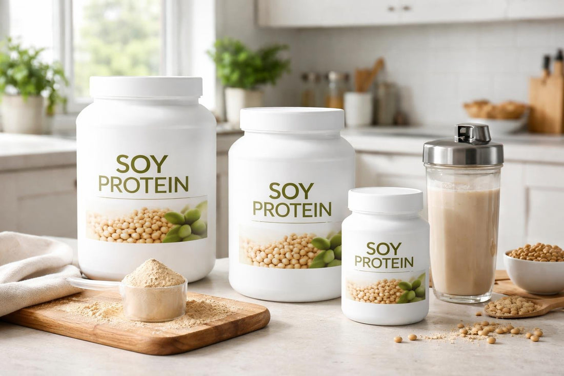Assorted tubs of soy protein powder with measuring scoop