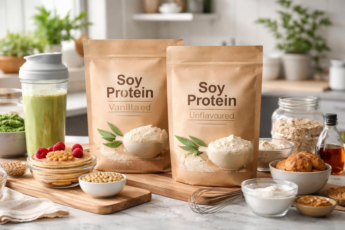 Soy protein powder jars and baking ingredients