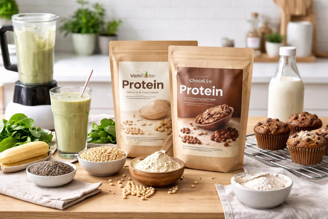 Soy protein powder blended into smoothie and baking mix