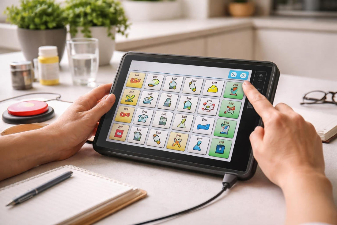 hands adjusting speech communication support device at home
