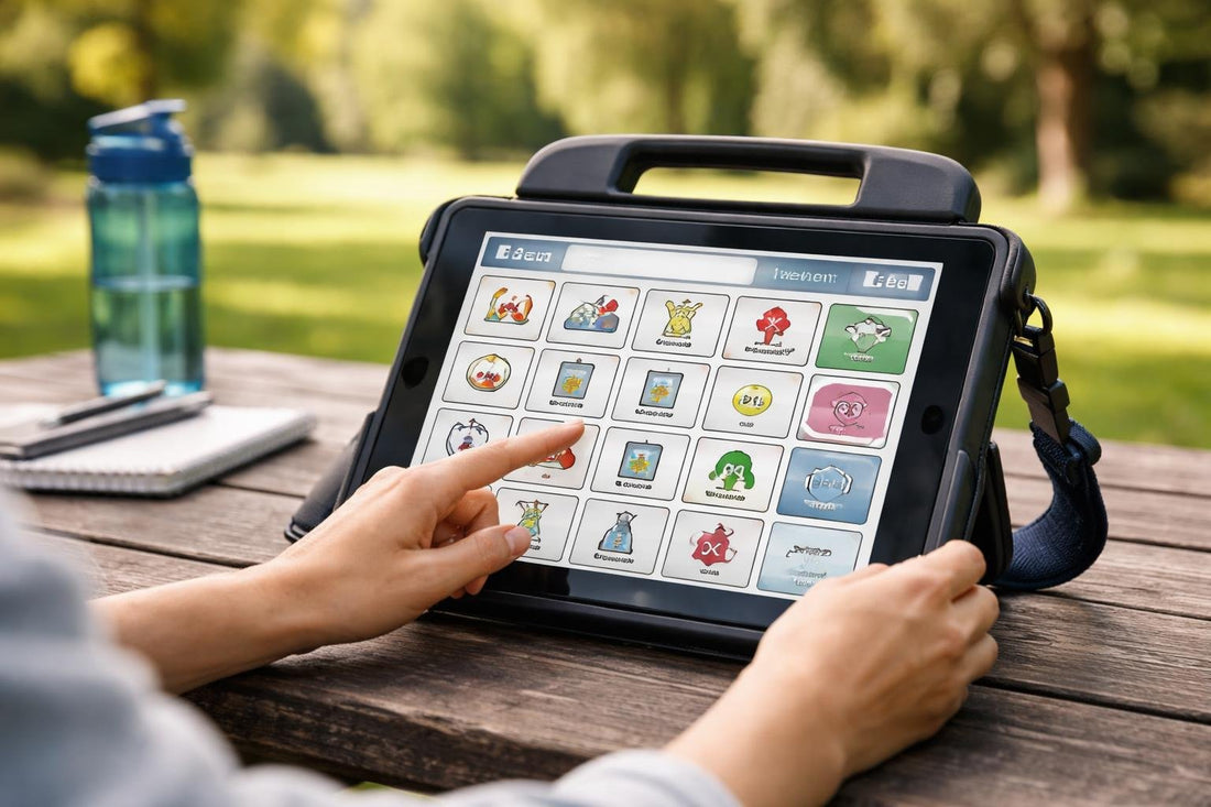 person using a tablet communication aid outdoors