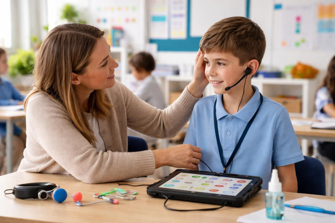 Teacher fitting speech aid in classroom setting