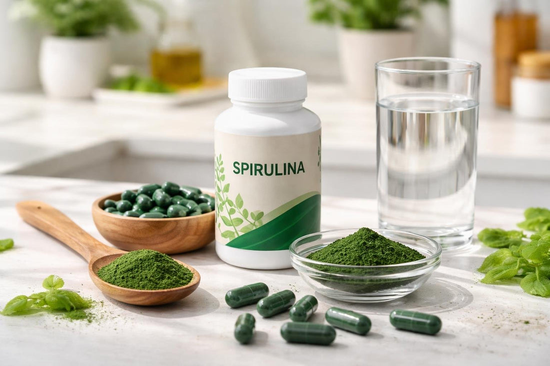 spirulina supplement powder capsules on table