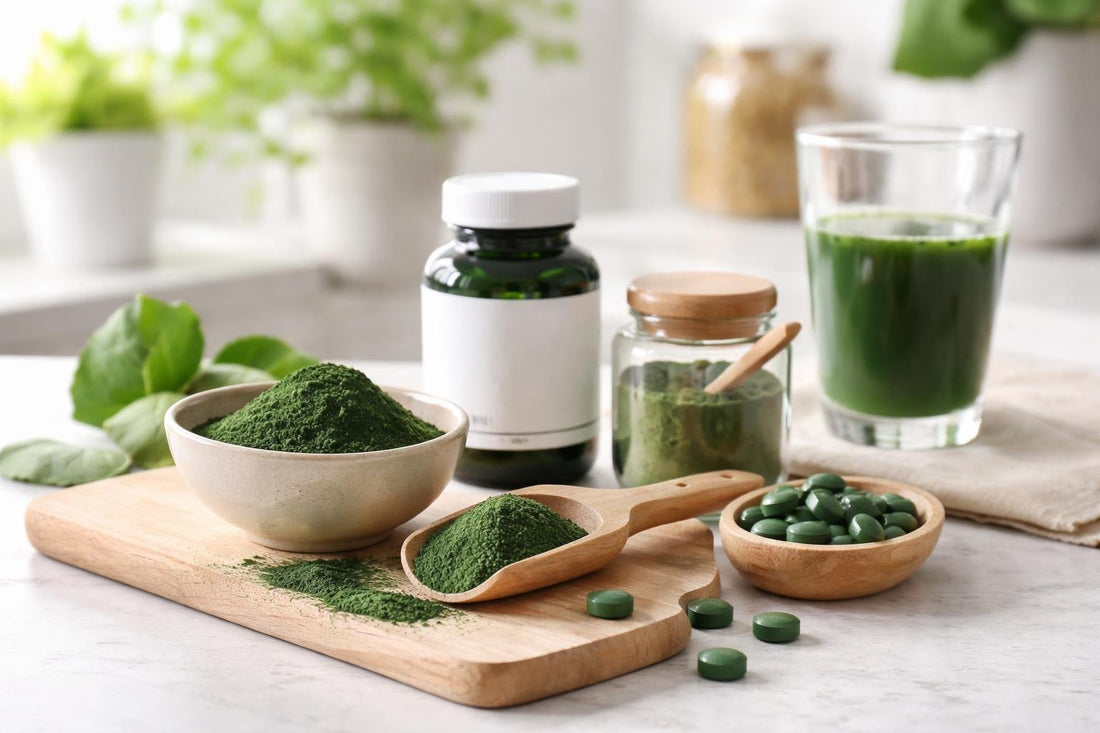 Spirulina powder and supplements on wooden scoop