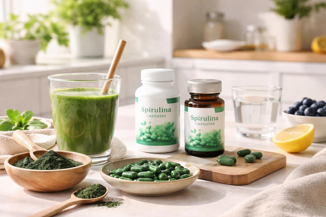 Spirulina powder and capsules with a morning smoothie