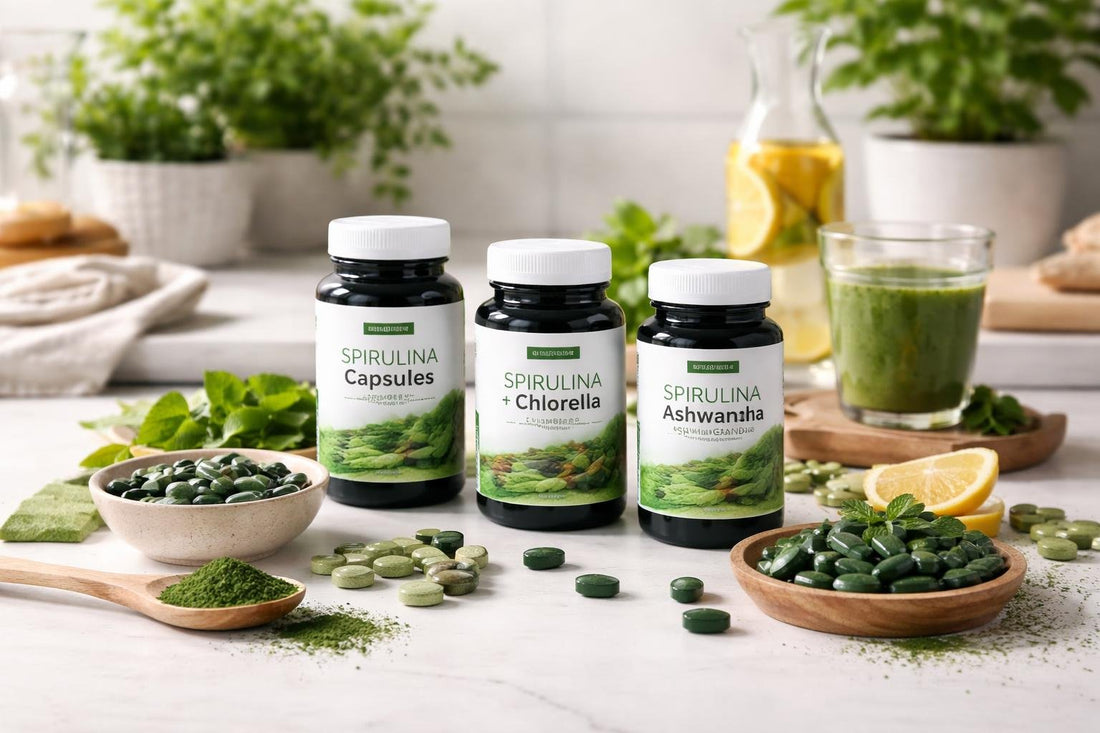 Spirulina herbal supplements arranged with capsules and green powder