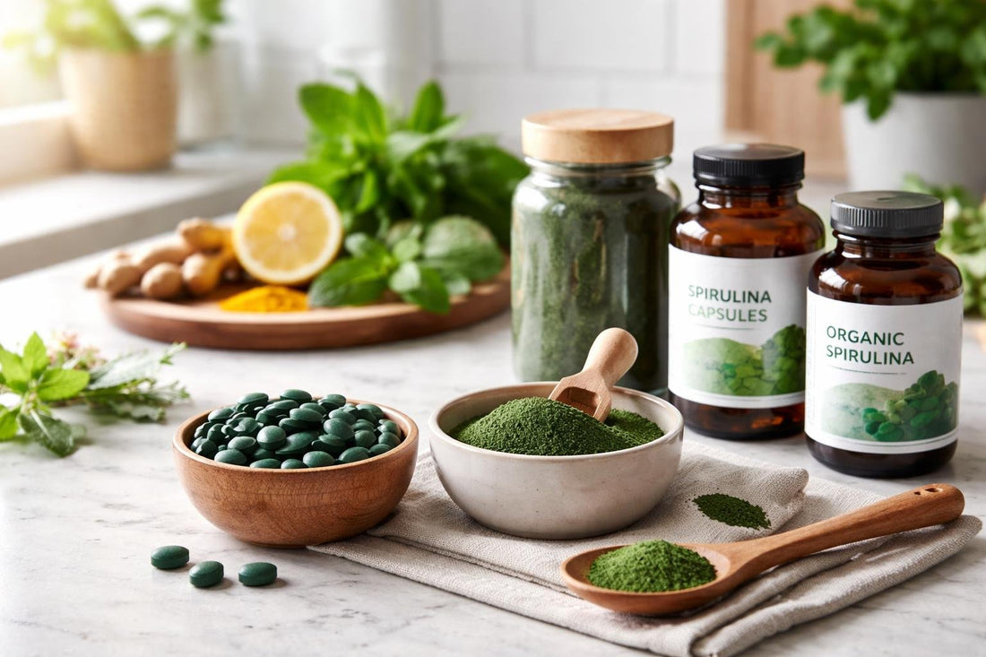 Spirulina tablets and powder with herbal ingredients on counter