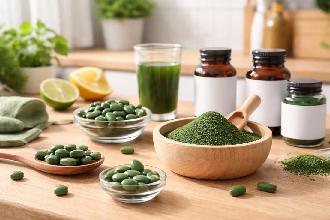 Close-up spirulina powder and vegan supplements on wooden table