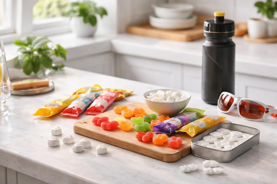 Assorted sports candy and mint chews for endurance fuel