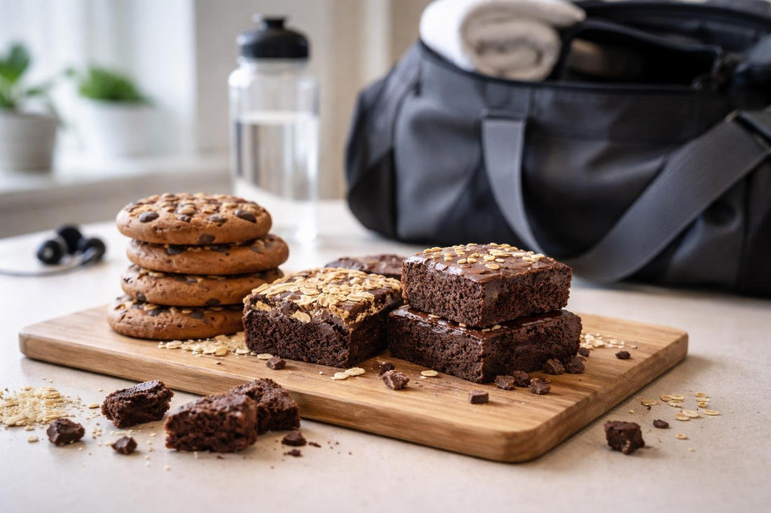 Sports nutrition cookies and brownies beside gym bag