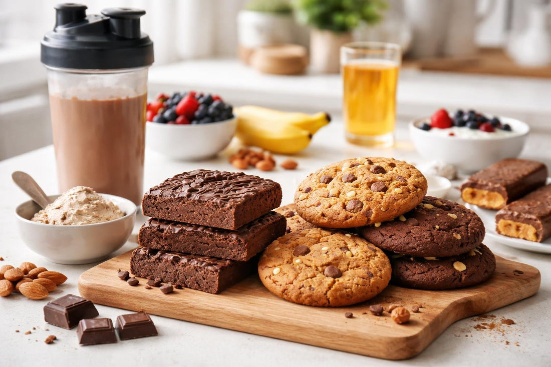 Assorted sports nutrition cookies and protein brownies