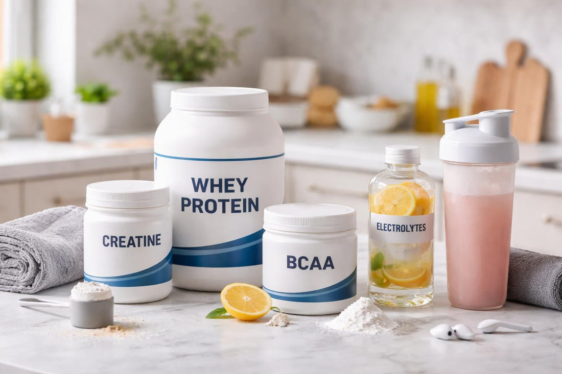 sports nutrition supplements and hydration products display