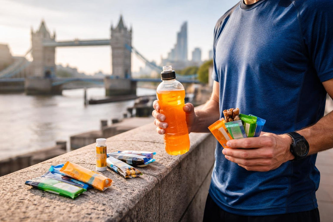 Runner holding energy snacks and sports drink in London streets
