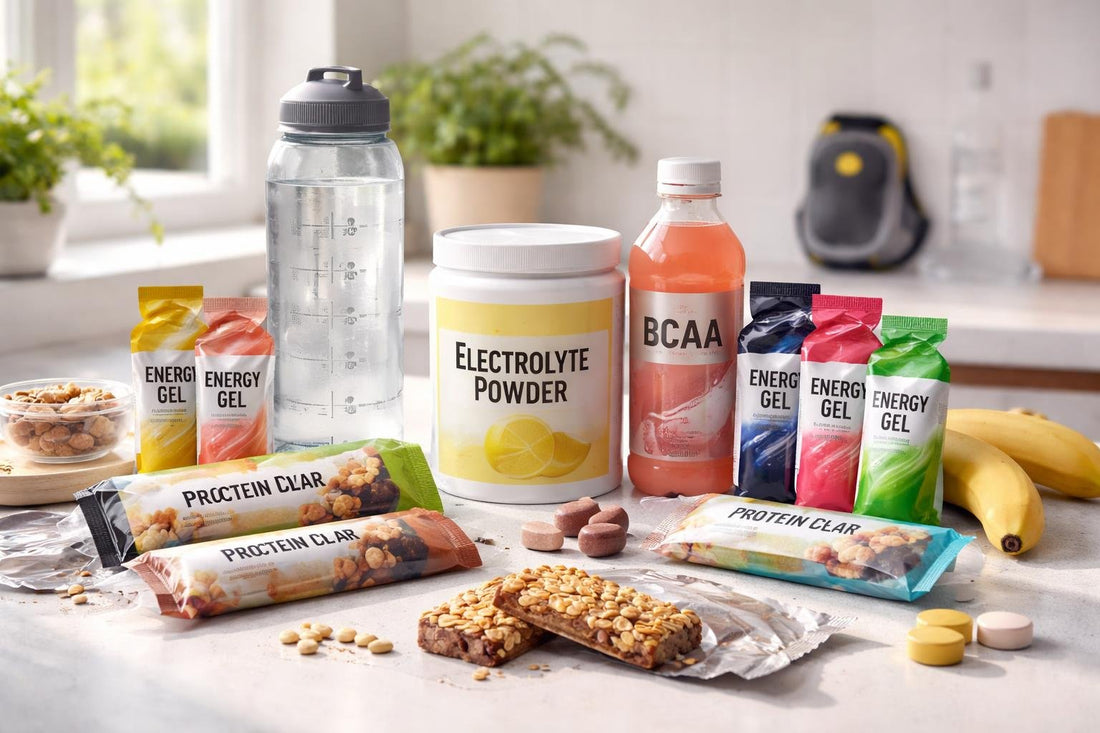Assorted sports nutrition snacks and drinks for runners