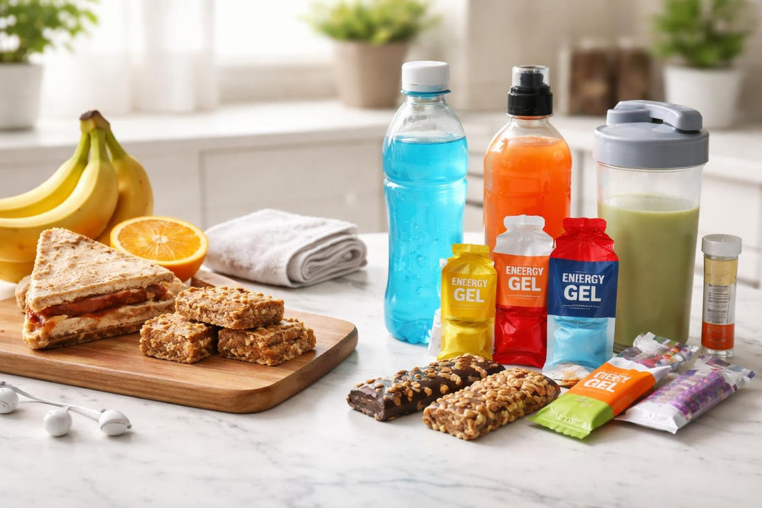Assorted sports nutrition snacks and drinks for marathon training