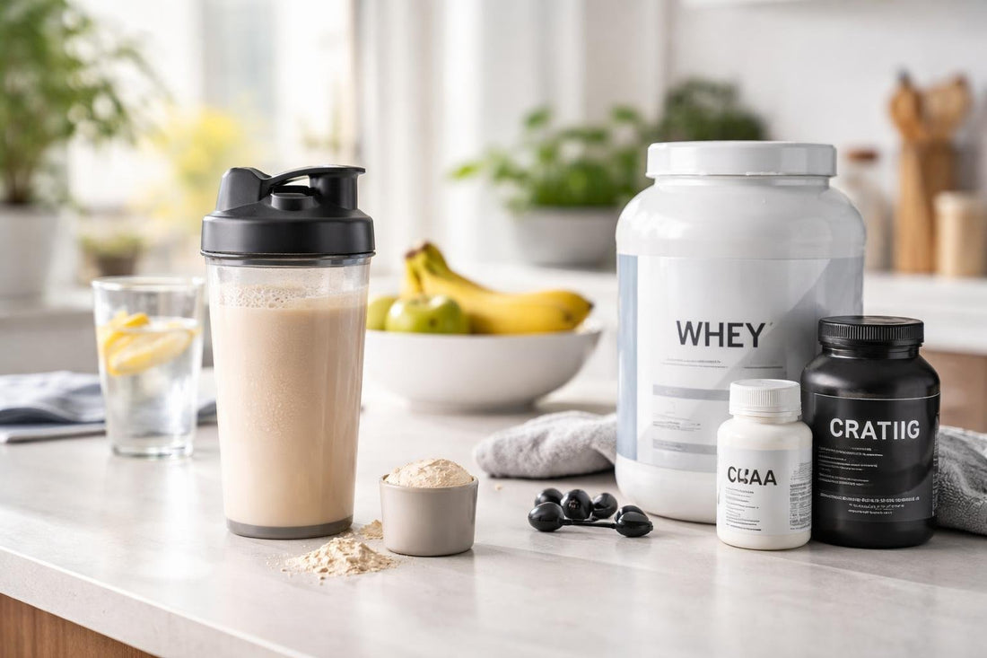 Protein shake and shaker bottle after gym training