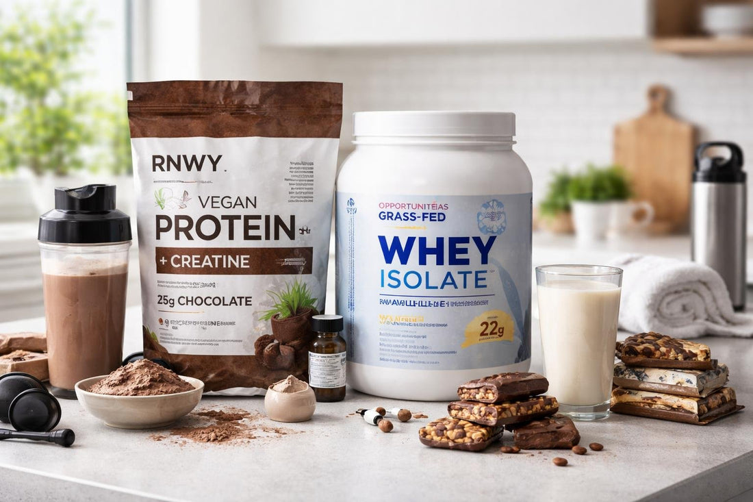 selection of sports protein powders and bars