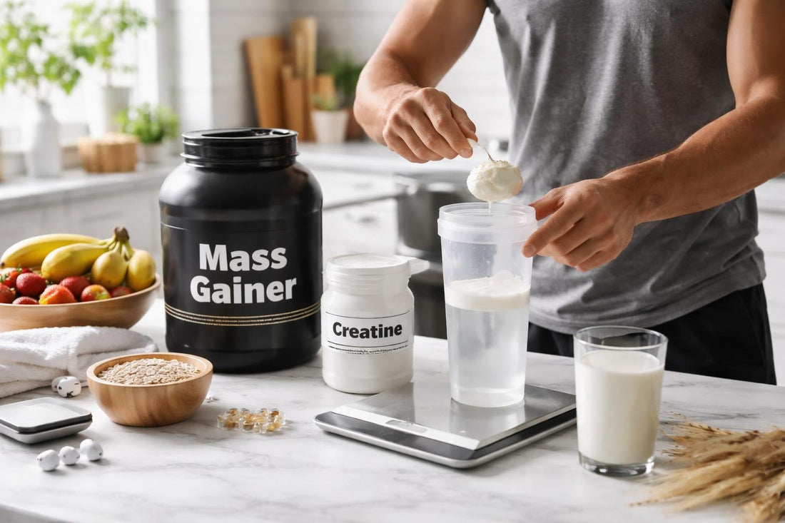 Athlete mixing sports nutrition weight gainer shake