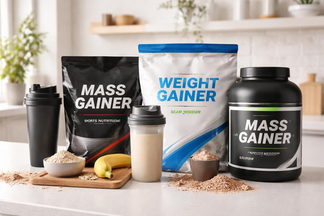 selection of sports nutrition weight gainers and shakers