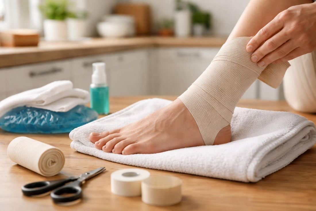 Elastic bandage wrapping technique on a sprained ankle