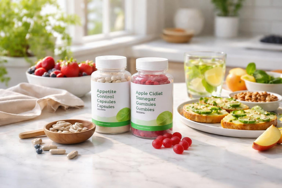Appetite control supplements and spring snacks on a kitchen table