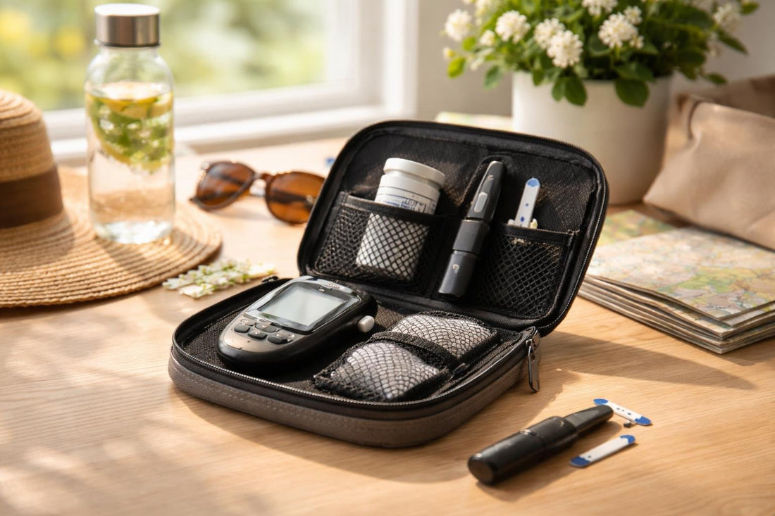 Glucose test strips and meter in a spring travel case