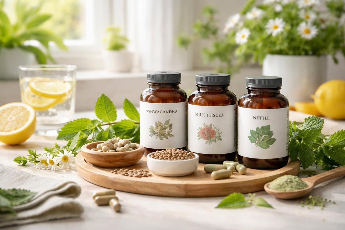 Spring herbal supplement essentials laid out with fresh leaves