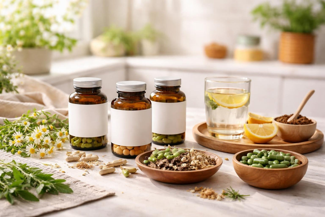 Spring herbal supplements laid out for daily wellness routine