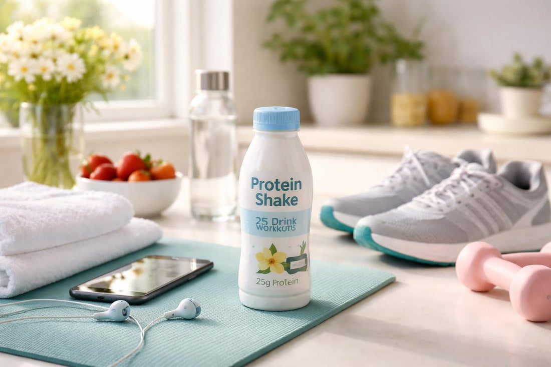 Ready to drink protein shake beside spring workout kit