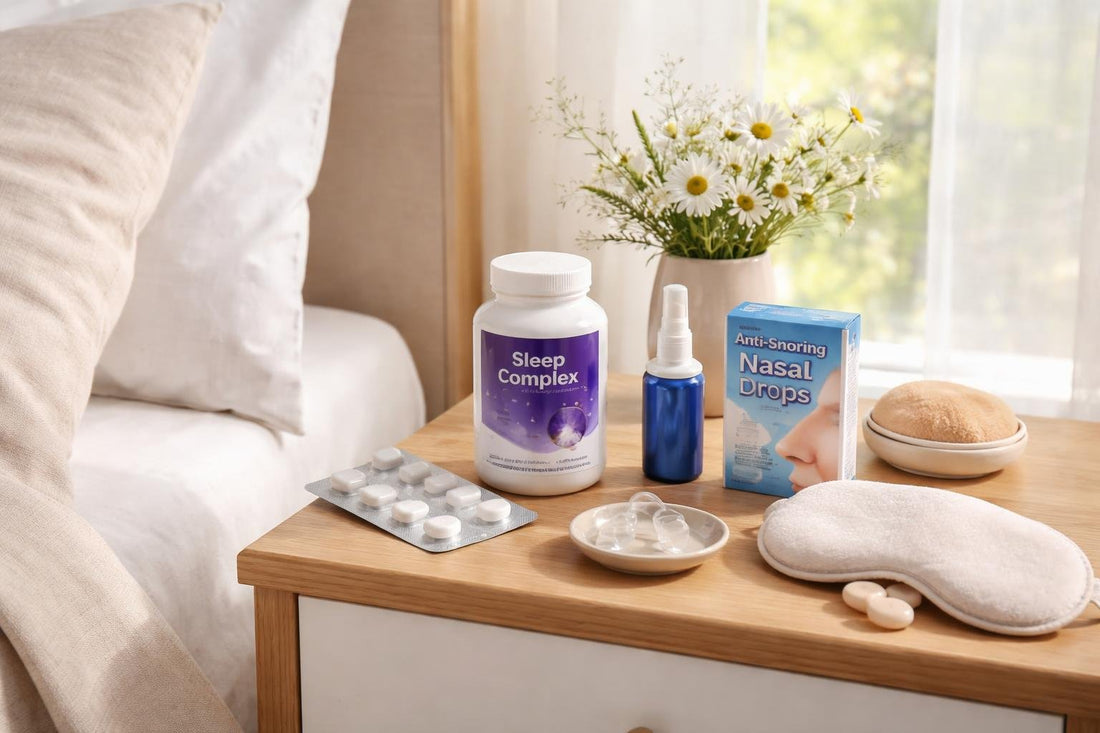 Spring sleep and snoring essentials beside bedside table