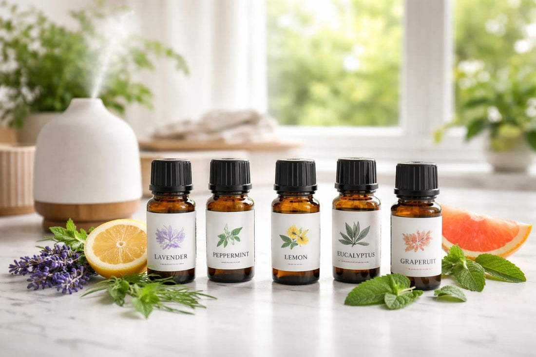 Spring and summer essential oil singles in glass bottles