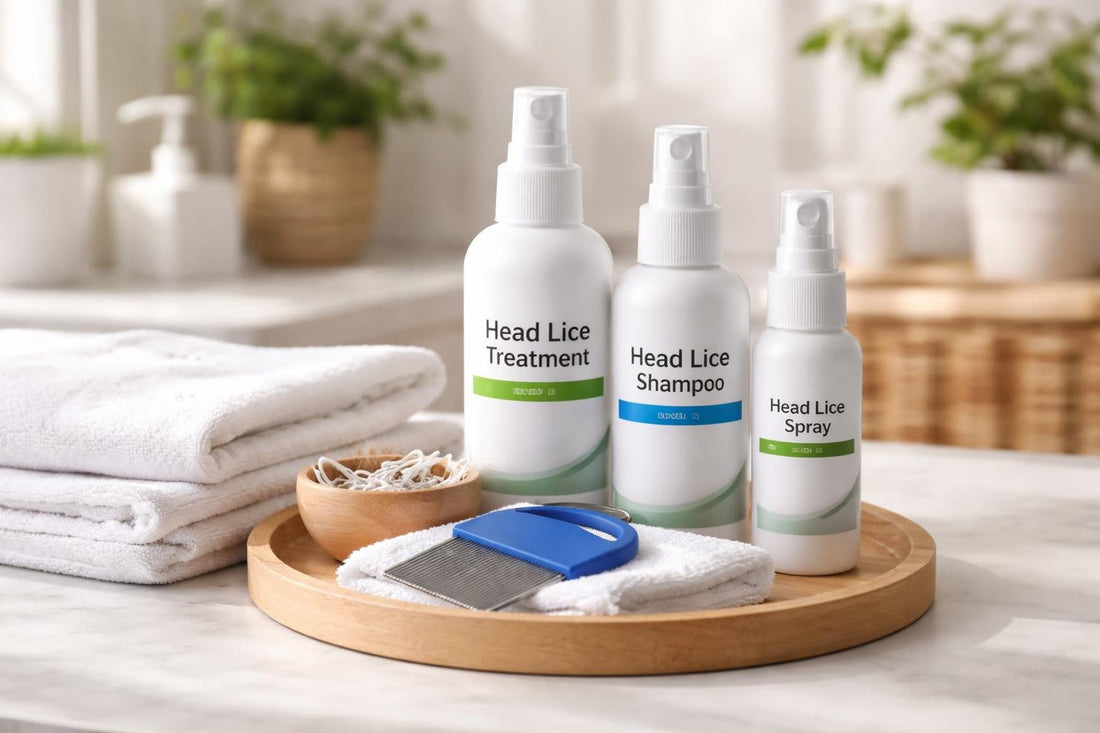 Head lice treatment kit and nit comb on bathroom counter