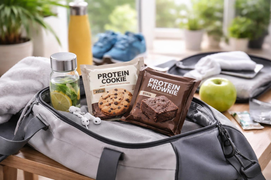 Sports nutrition cookies and brownies in a spring gym bag