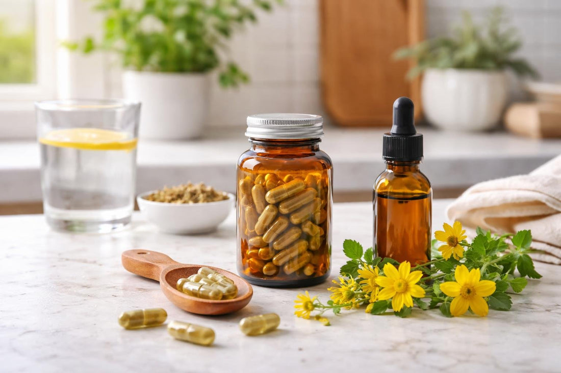 St John’s wort capsules and tincture on a kitchen counter