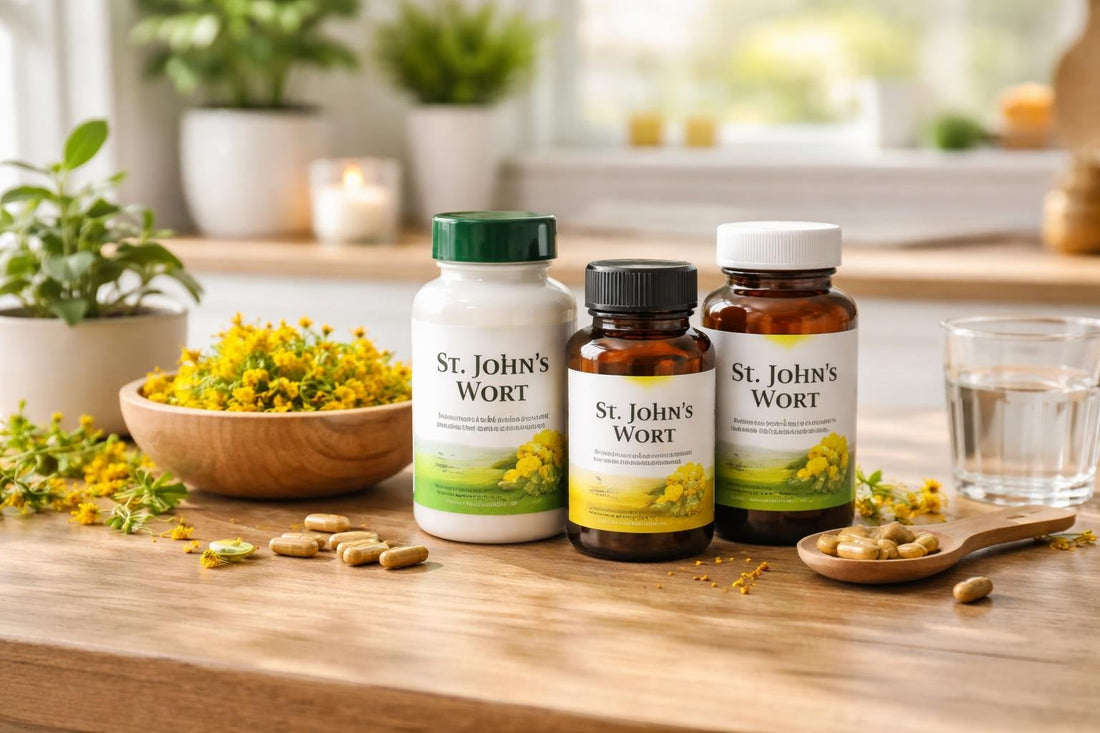 Bottles of St John’s Wort herbal supplements on a wooden table