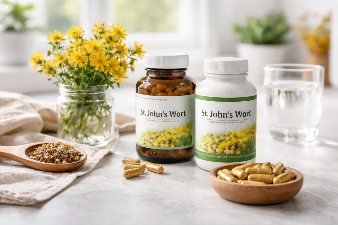 Bottles of St John's Wort supplements and capsules